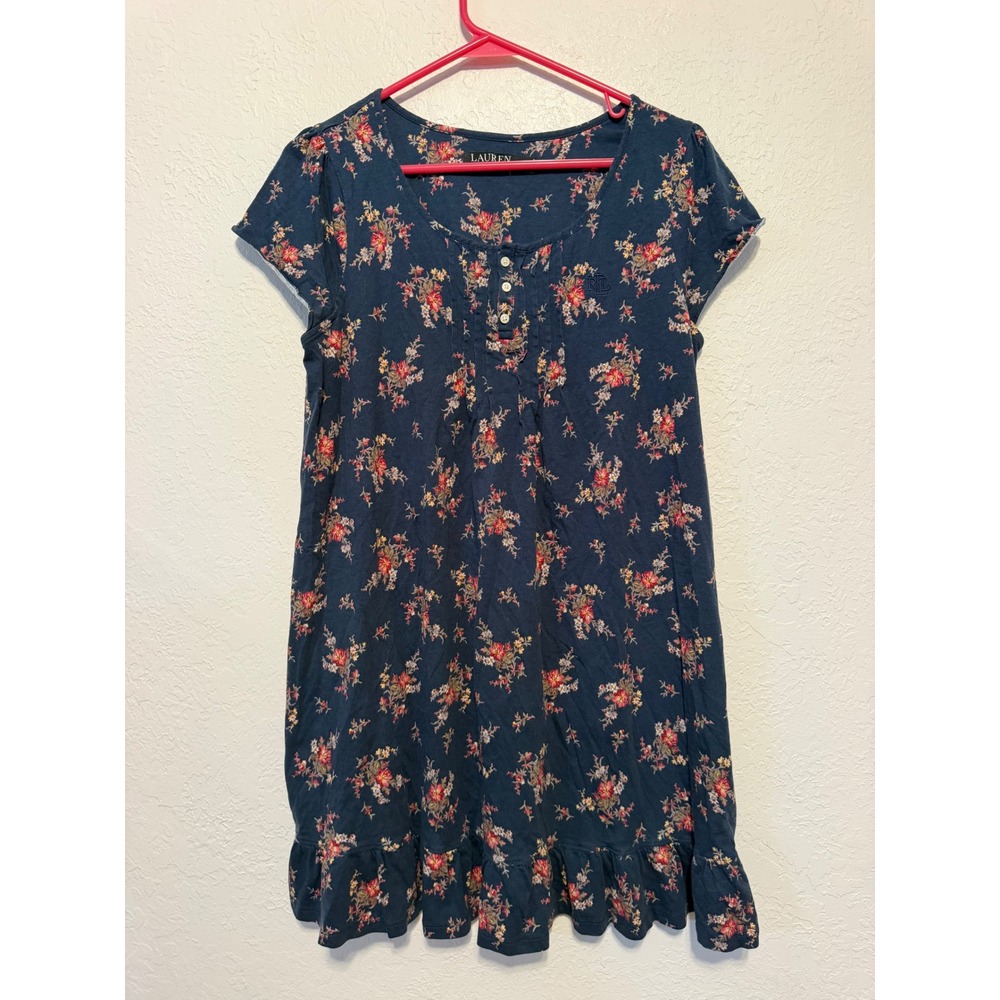 Lauren Ralph Lauren Navy Floral Henley Nightgown Ruffle Hem LN22357 Size M